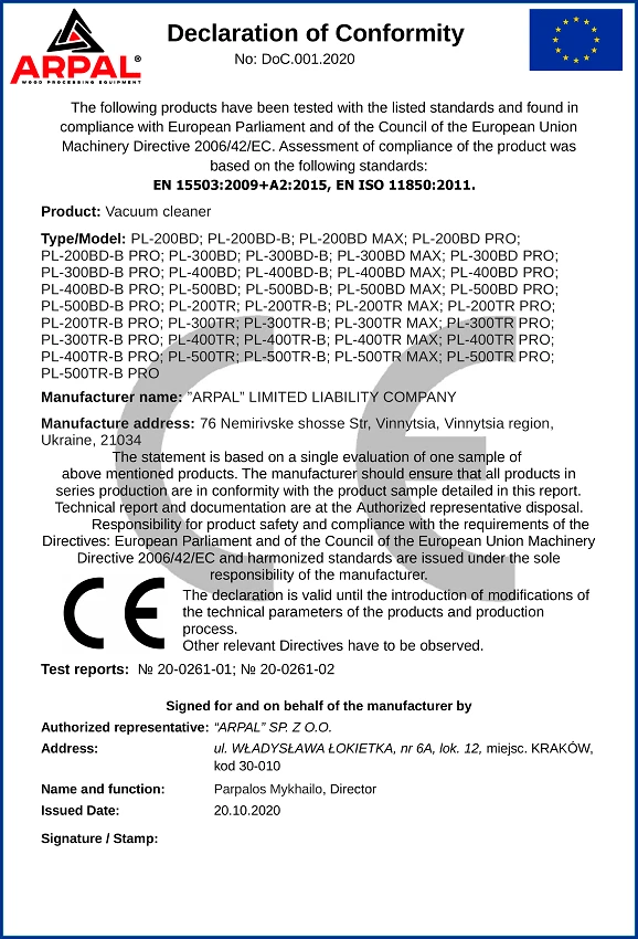 Weed Brush and Vacuum Cleaner ARPAL received Certificate CE 3 Weed Brush and Vacuum Cleaner ARPAL received Certificate CE